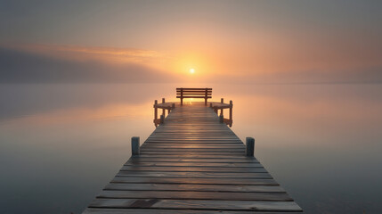 Fototapeta premium Pier leading into lake with golden sunset