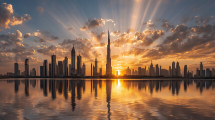 Naklejka premium Sunrise cityscape of Dubai skyline with reflections