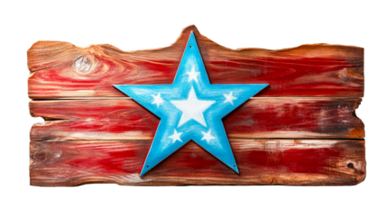 Weathered Wooden Plank with Blue Star Decoration Isolated on White, cut out transparent