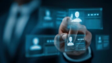 A businessman selecting digital profile interface for busines technology, human resource management, recruitment, and data analysi in modern corporate environment, innovative digital selection proc