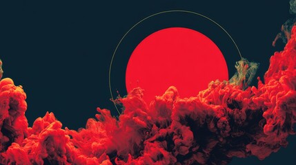 Abstract red ink swirls beneath a large red circle