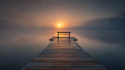 Obraz premium Wooden pier stretching into calm lake at sunset
