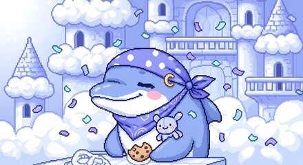 Pixelated dreamscape featuring a bandana-clad dolphin enjoying cookies in the clouds