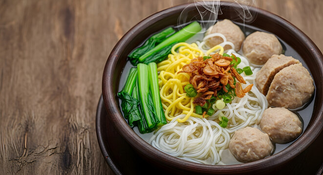 A bowl of warm baso complete with baso topping, noodles, vermicelli cut vegetables with sausage with onions sprinkled with fried onions with rustic background