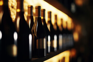 Dark Wine Bottles On Shelf With Golden Light
