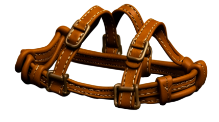 Brown Leather Straps with Metal Buckles and White Stitching, cut out transparent