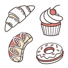 Assorted delicious pastry vector featuring a croissant, cupcake, danish and donut illustration perfect for backgrounds and culinary designs, ideal for food lovers