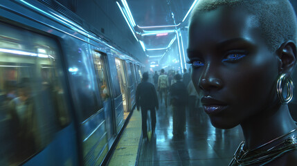 Futuristic subway scene featuring a stylish woman with striking blue eyes and a short, light-colored haircut at a subway station.