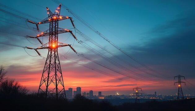 High voltage pylon structure with illuminated crossbars against vibrant twilight sky. Distant city skyline with skyscrapers under dramatic orange, blue clouds. Electrical power transmission lines