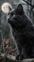 Black cat sits silently in moonlit forest, intently staring into distance as if sensing something unseen and frightening. Spooky season Halloween backdrop filled with eerie mystery and quiet tension