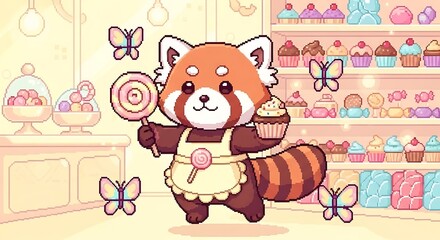 Pixelated red panda baker in a candy shop surrounded by sweets and butterflies