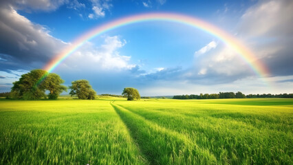Naklejka premium Rainbow arch glowing over peaceful countryside field and sky.