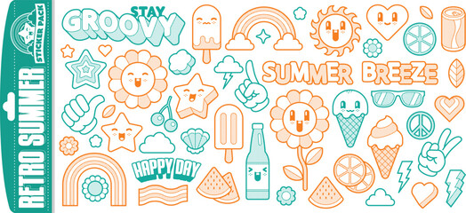 Retro Summer Groovy Stickers - Cute Kawaii Cartoon Vector Icon Pack - Lined Version