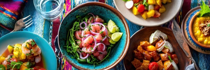 Colorful peruvian cuisine displayed on a vibrant tablecloth