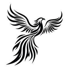 Fototapeta premium Stylized phoenix bird soars upwards with strong, intricate black lines and elegant feather details