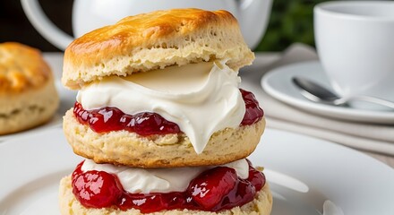 Stack of Traditional English Scones with Jam and Cream.