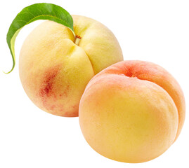 Golden Japanese peach premium fruit with leaf isolated on white background PNG file.