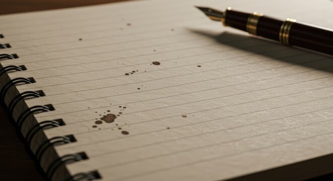 Premium notebook paper texture with faint ruled lines, artistic ink splatters in muted tones and a vintage fountain pen resting at the edge (not the focus). - Powered by Adobe