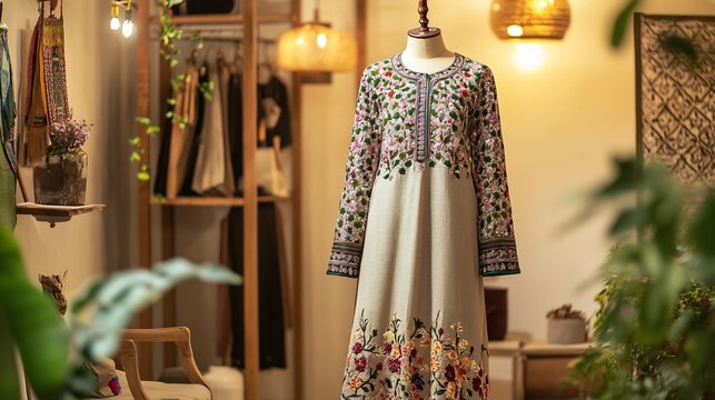 Long kurti with floral embroidery cascading from the shoulders to the hem styled on a mannequin in a boutique setting with soft warm lighting and ethnic decor