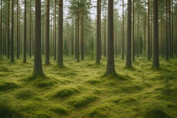 Obraz premium Tranquil Forest Scene with Mossy Ground, Towering Trees, and Natural Light in a Lush Environment