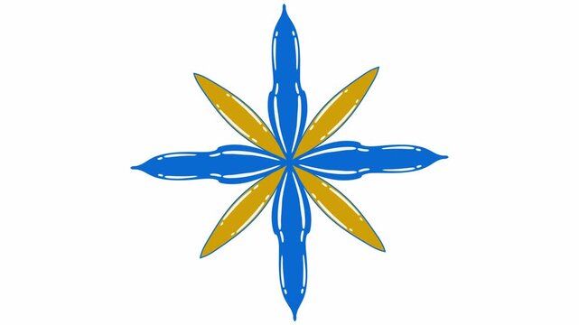 Hypnotic Rotating Blue and Gold Eight-Pointed Star Flower in a Seamless Loop Animation.