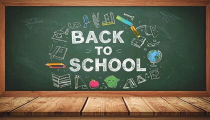 Back to School Chalkboard with Desk and Hand-Drawn School Supplies