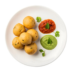 Savory Aloo Bonda, a popular Indian street food of deep-fried potato dumplings, served with green and red chutneys on a white plate isolated on a transparent background 