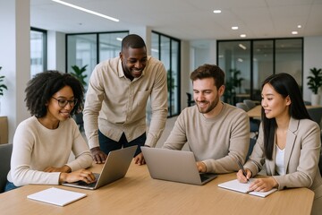 Obraz premium Diverse Team Collaborating on Laptops in Modern Office, Demonstrating Teamwork and Positive Company Culture