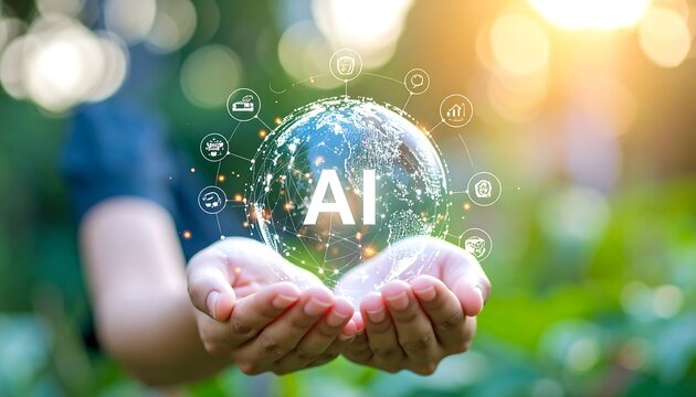 Hands holding AI globe with connected icons, symbolizing technology and future innovation
