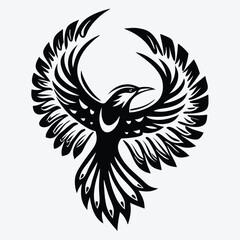 Obraz premium Striking black bird soars with intricately detailed wings spread wide, displaying strength