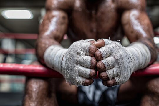 Close-up of a muscular boxer with wrapped fists resting in the ring, symbolizing resilience, preparation, and the intense physical and mental discipline of combat sports - Powered by Adobe