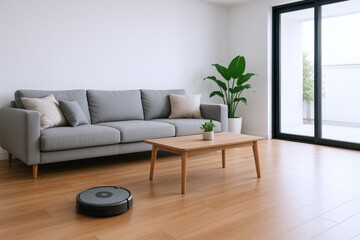 Robotic Vacuum Cleaner Cleaning a Modern Living Room with Minimalist Design and Natural Light