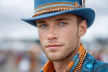 Close-up of stylish man in bejeweled blue hat and vivid outfit at outdoor festival, symbolizing mystery, fashion confidence and undercover identity