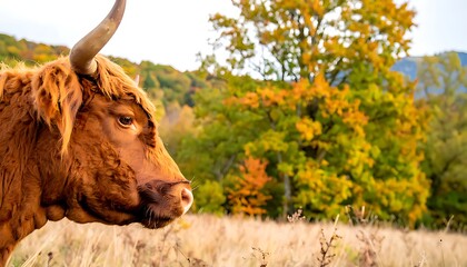 Close-up of a Highland cow's head in a fall landscape.