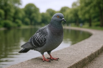 Obraz premium Pigeon Portrait on Concrete Ledge Overlooking Park Lake: Urban Wildlife Photography, Columba Livia Close-up