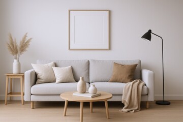 Neutral Living Room with Blank Frame Mockup Featuring a Modern Sofa and Minimalist Decor