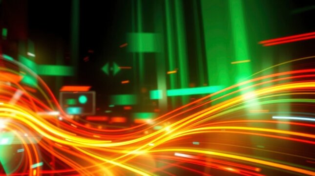 Redyellow lines curve amidst greenblack rectangular shapes in this abstract image