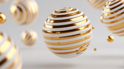 White and gold spheres, layered, floating, abstract