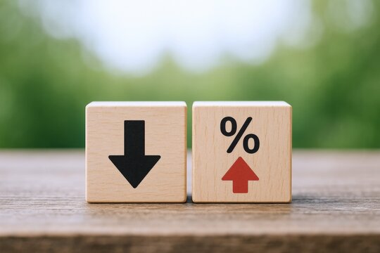 Financial Decrease and Increase with Percentage: Wooden Blocks Illustrating Market Fluctuations and Economic Trends