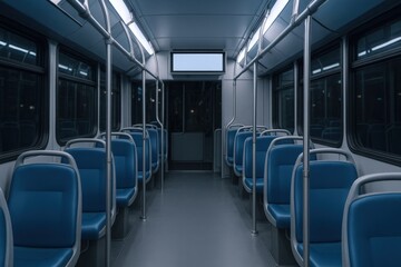 Interior View of Empty Urban Bus with Blue Seats, Handrails, and Blank Display Screen