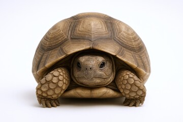 Obraz premium Isolated tortoise on white background, a captivating close-up showcasing its textured shell and expressive eyes.