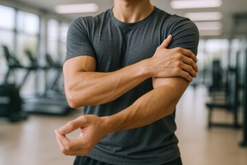 Man Holding Sore Arm in Gym Setting, Demonstrating Muscle Pain and Injury Prevention