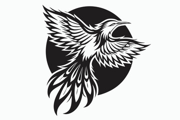 Majestic stylized bird soars with powerful wings before a dark circle backdrop