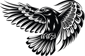 Fototapeta premium Majestic raven soars with widespread wings, its powerful form captured in striking monochrome contrast