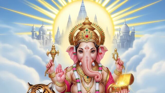 Ganesha Hindu god and deity with elephant head, golden crown, gold jewelry, and treasure chest, sitting on tiger amid radiant light, temple, clouds, lotus, and divine peaceful sky setting