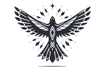 Obraz premium Stylized monochrome raven with spread wings soars among geometric stars on a white backdrop