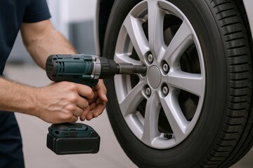 Mechanic Tightening Car Wheel Lug Nuts with Impact Wrench, Automotive Repair Service in Workshop