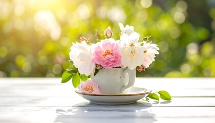 A delicate bouquet of pastel pink and white roses in a small white cup, creating a serene and cheerful springtime scene on a light wooden surface.