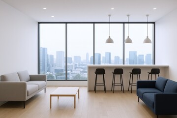 Fototapeta premium Modern Living Room Interior with Cityscape View, Contemporary Furniture, and Minimalist Design Elements for Real Estate