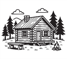 Log Cabin Illustration &ndash; Rustic Wooden House in Forest Vector